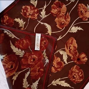 Anne Klein Silk Poppy Flowers Floral Scarf Brown Dark Red Cream Oblong 14" x 58"